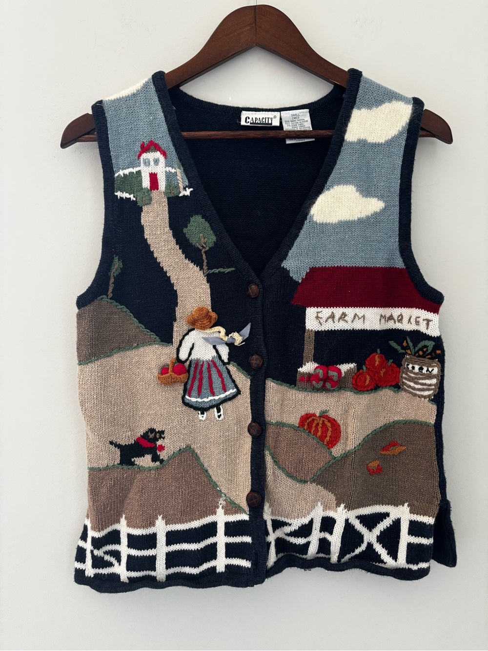 Vintage Capacity Farm Market Scenic Knit Sweater Vest Small Cottagecore 3D